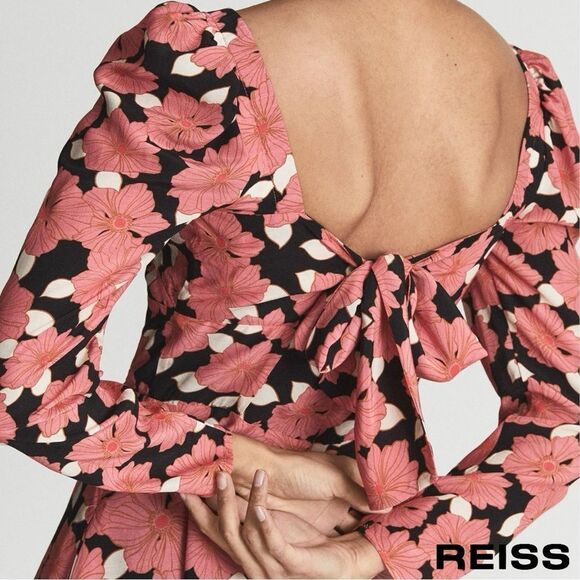 REISS **NWT** Andi Pink Floral Print Puffed Shoulder Woven Mini Dress - Picture 8 of 13